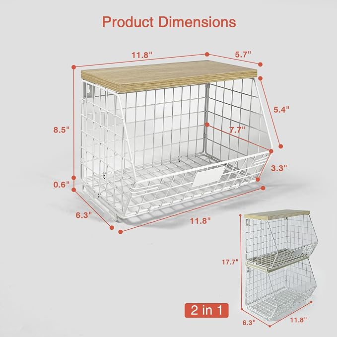 Goozii White Fruit Storage Basket for Kitchen Counter Set of 2, Wall Mount Wire Fruit Basket with Shelf with Banana Hanger, Hanging Countertop Organizer for Bathroom Pantry Cabinet, White + Natural