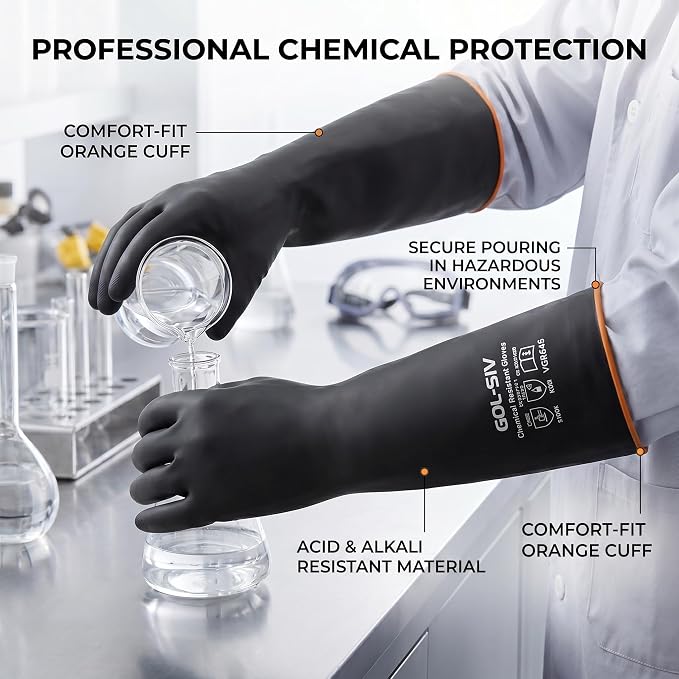 Heavy Duty Industrial Rubber Gloves, Chemical Resistant Protective Industrial Gloves - Waterproof, Resist Acid, Oil, Alkali - Latex Safety Glove for Metal Plating & Pool, 18in, 6 Pairs