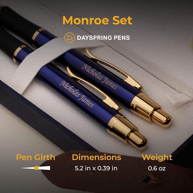 Dayspring Pens Monroe Blue Ballpoint Pen and Pencil Set, Gold Accents, Custom Engraved — Graduation, Promotion, Anniversary, or New Job Gift