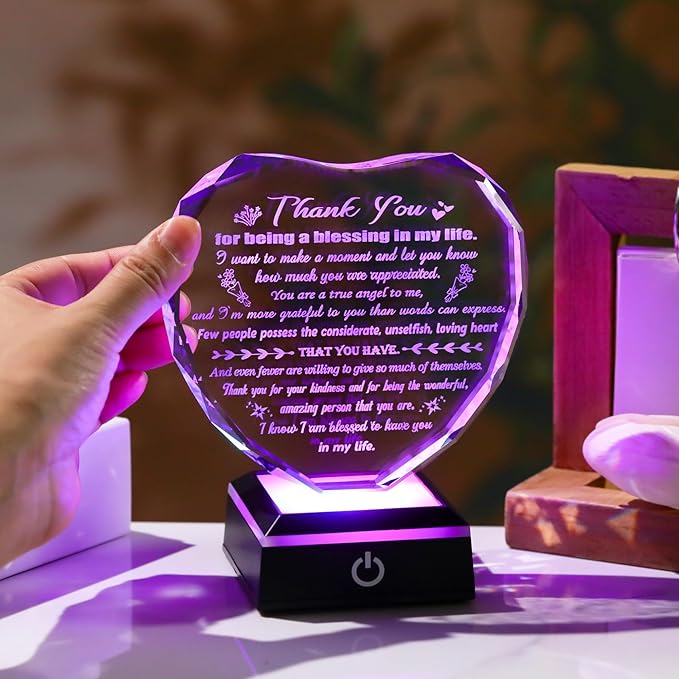 Arikyrist Thank You Gifts for Women Men Heart Shaped Crystal Plaque with LED Light Base Appreciation Gifts for Teacher Nurse Doctor Coworker Boss Inspirational Home Desk Decor