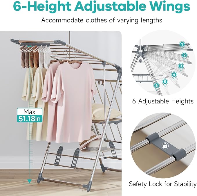 APEXCHASER Clothes Drying Rack with High Hanger, Foldable 3-Level Drying Racks with Shoe Rack, Crossbar and Vertical Rod Laundry Stand with Adjustable Wings Grey