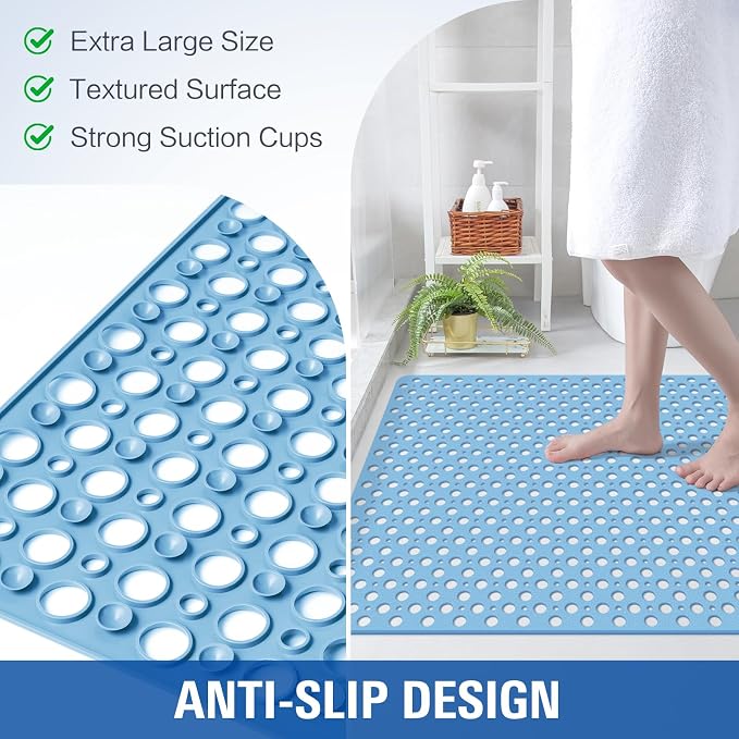 OTHWAY Large Shower Mat, 47"x 32" TPE Anti Slip Shower Mat, Heavy Bath Mats for Shower with Drain Holes Suction Cups, Shower Stall Mat for Bathroom, No Odor Shower Grip Mat for Elderly Kids(L-Blue)