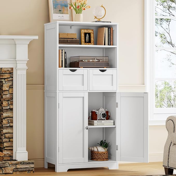 Iwell Tall Bathroom Cabinet, Storage Cabinet with Adjustable Shelves, Bathroom Storage Cabinet for Living Room, Dining Room, Entryway, White