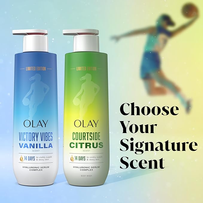 Olay Body Wash for Women, WNBA, Intensely Hydrating, Hyaluronic Acid Serum, Hydration On/Off Court, Improves Moisture Barrier, Vitamin B3 Complex, All Skin Types, Courtside Citrus Scent, 20 fl oz