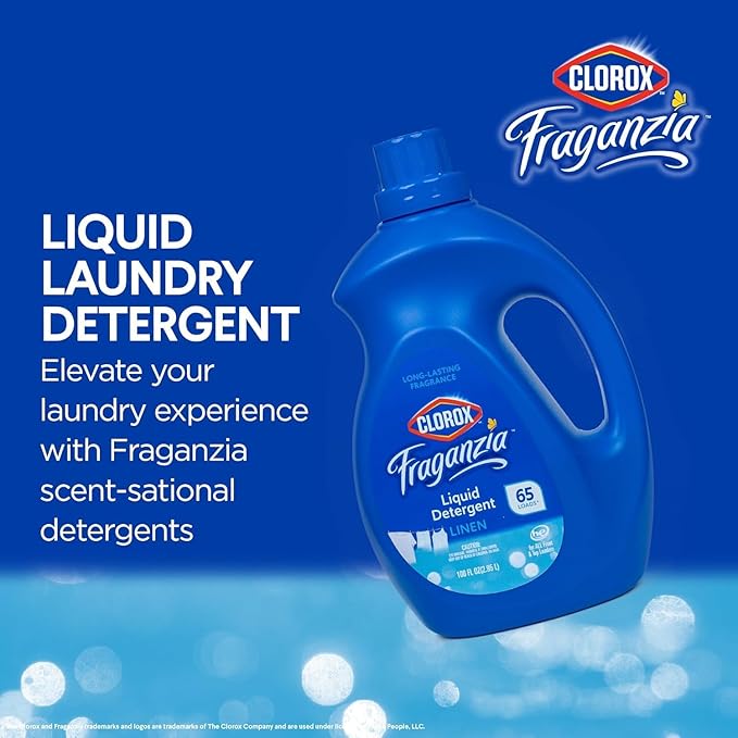 Clorox Fraganzia Liquid Laundry Detergent, Linen Scent - High Efficiency Formula for All Front and Top Load Washing Machines, Long-Lasting Fragrance, 65 Loads per Bottle, 100 Fl Oz - 3 Pack