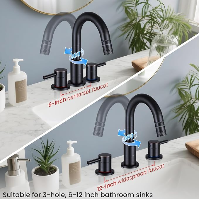 Oil Rubbed Bronze Bathroom Faucet 3 Hole with Pull Out Sprayer, Bathroom Sink Faucet with Pop Up Drain, 8 inch Widespread Faucet with 360° Swivel Spout, 2 Handle Vanity Faucet