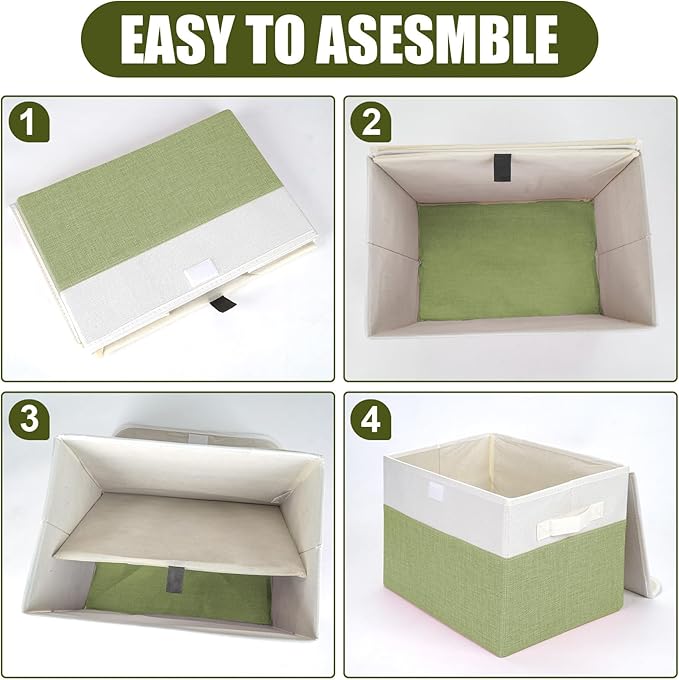 Bagnizer Large 22 Quart Linen Fabric Foldable Storage Bin Cube Organizer Basket with Flip-Top Lid & Handles, Clothes Blanket Box for Home, Office, Closet, Green & White, 4 Pack 14.6 x 9.5 x 9.5