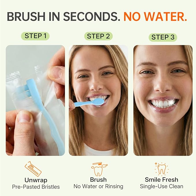 100-Pack Pre-Pasted Mini Travel Toothbrushes, Individually Wrapped Bulk Pack, Disposable Toothbrushes with Toothpaste, Waterless Single-Use Extra Soft Bristle for Adults, Travel & Braces