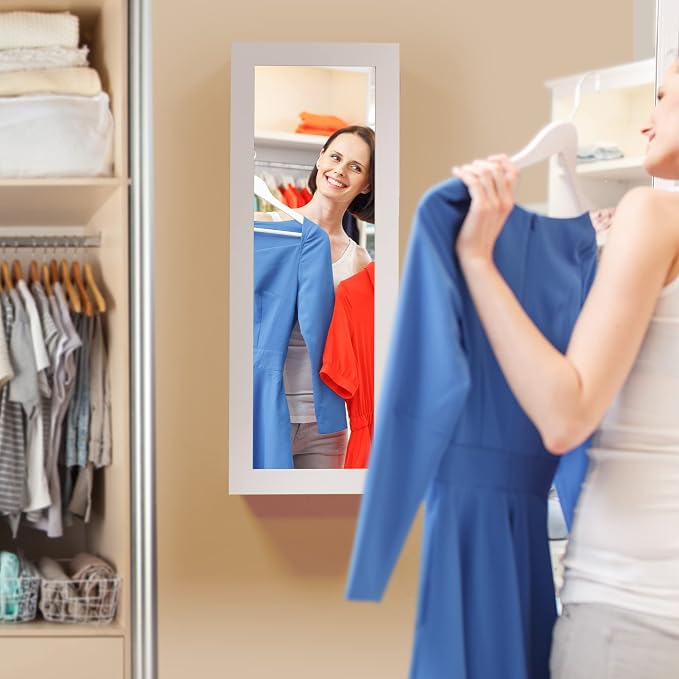180° Swivel Wall Mount Ironing Board Cabinet with Storage,White | Mirrored Door|3-Tier Storage Shelves|15 Minutes to Installs|2 Clothes Hooks|Space-Saving