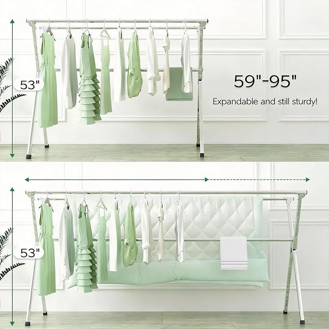 Clothes Drying Racks Outdoor, Updated Version,Stainless Steel Laundry Drying Rack for Indoor Outdoor and The Balcony,Length Adjustable Saves Space,with Windproof Hooks