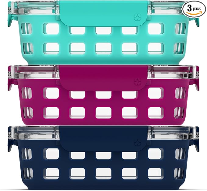 Ello Duraglass 3.4 Cup Glass Meal Prep Containers, 6 Pc, 3 Pack, Mixed Berry