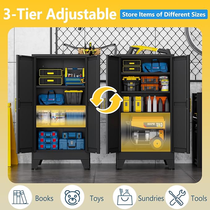 PAOFIN Metal Storage Cabinet with 2 Doors and 3 Adjustable Shelves, Metal Garage Storage Cabinets, File Cabinet,Steel Tool Cabinets for Home,Office,Garage,School,Warehouse(Black)