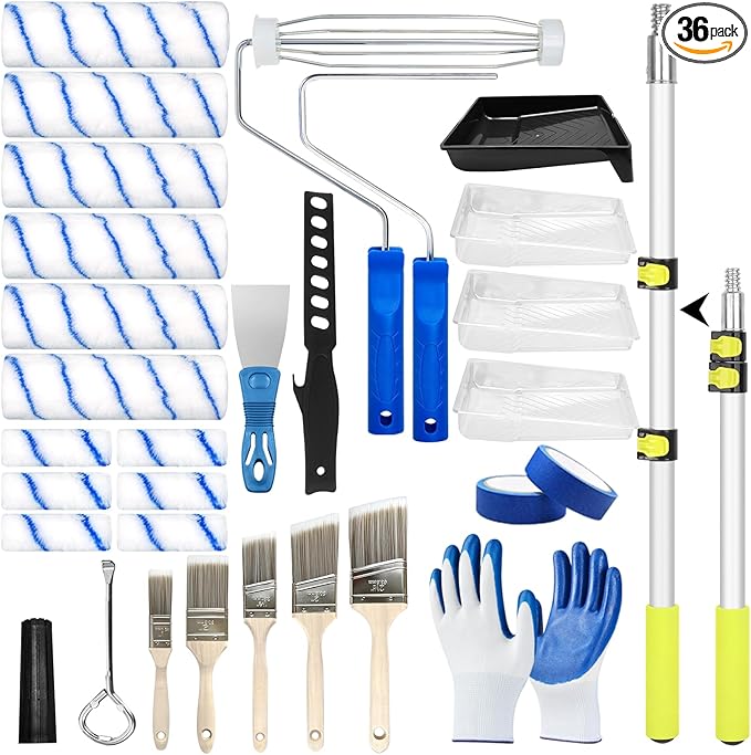 31 PCS Paint Roller Kit with Extension Pole 2 to 4 Ft,9"4"Paint Rollers Covers Frame Tray Painters Tape Professional Long Handle Paint Brush Roller Set for Painting Walls House Corner Stain Concrete