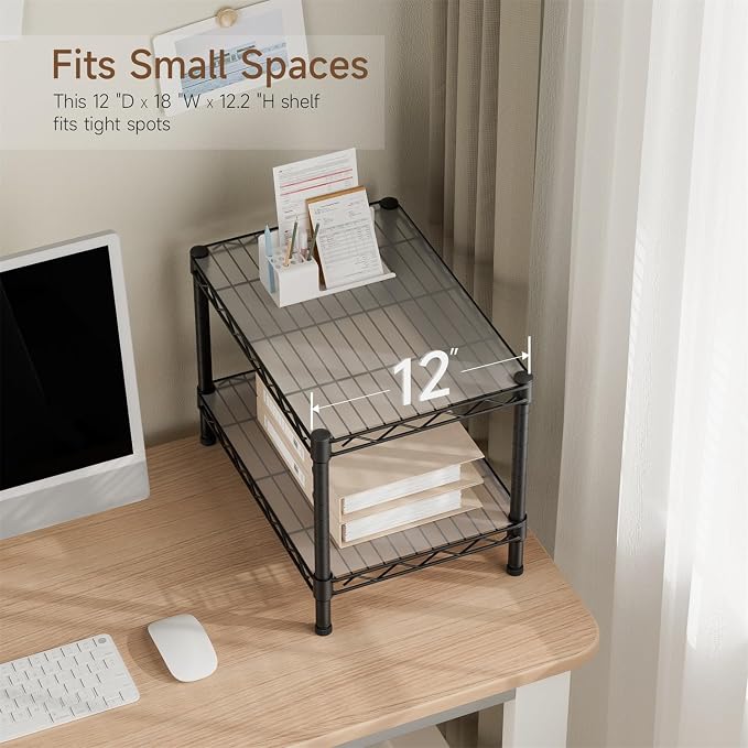 Golpart Small 2 Tier Shelves Storage Wire Shelving Unit Metal Shelf Adjustable Organizers Storage Shelving with Wheels for Bathroom Laundry Room Kitchen Pantry11.7”D x 17.7”W x 12.2”H Black