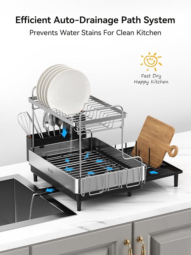 2 Tier Dish Drying Rack, Extra Large Dish Rack, Expandable Dish Racks for Kitchen Counter, Multifunctional Large Dish Drainers for Kitchen Counter, Black