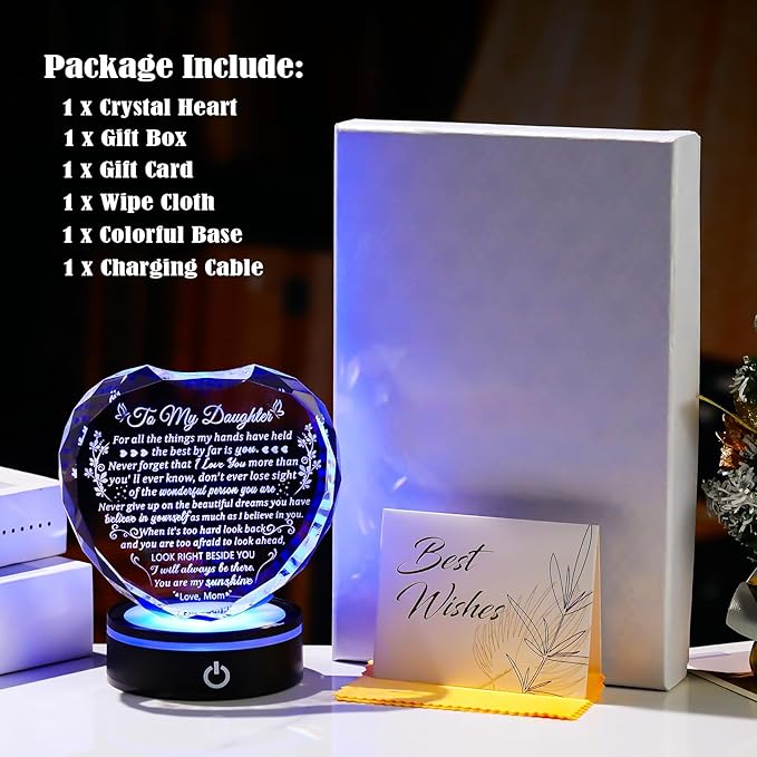 Arikyrist Daughter Gifts from Mom Birthday Gifts Ideas for Daughter Crystal Heart Keepsakes with LED Light Base Glass Meaningful Presents for Best Daughters on Christmas Graduation