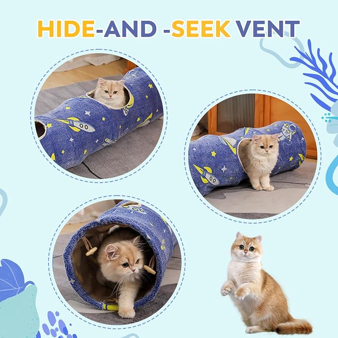 Glowing Astronaut Pattern Cat Tunnel - Collapsible with Plush Balls, Ideal for Indoor Cats, Rabbits, Kittens, Ferrets & Puppies (Blue)
