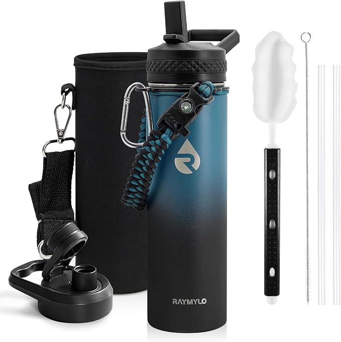 RAYMYLO Insulated Water Bottle 20 oz, Triple Wall Vacuum Stainless Steel (Cold for 24Hrs, Hot for 12Hrs), Leak Proof & Non-BPA, Modern Water Bottle Jug for School with Straw Spout Lids