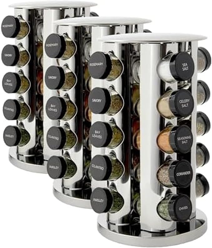 Kamenstein Revolving Countertop Spice Rack with Spices Included, FREE Spice Refills for 5 Years, Polished Stainless Steel with Black Caps, 30020, 20 Jar (Pack of 3)