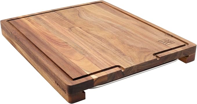ZWILLING BBQ+ Cutting Board with Stainless Steel Tray, Acadia Wood, 17" x 14" x 13"