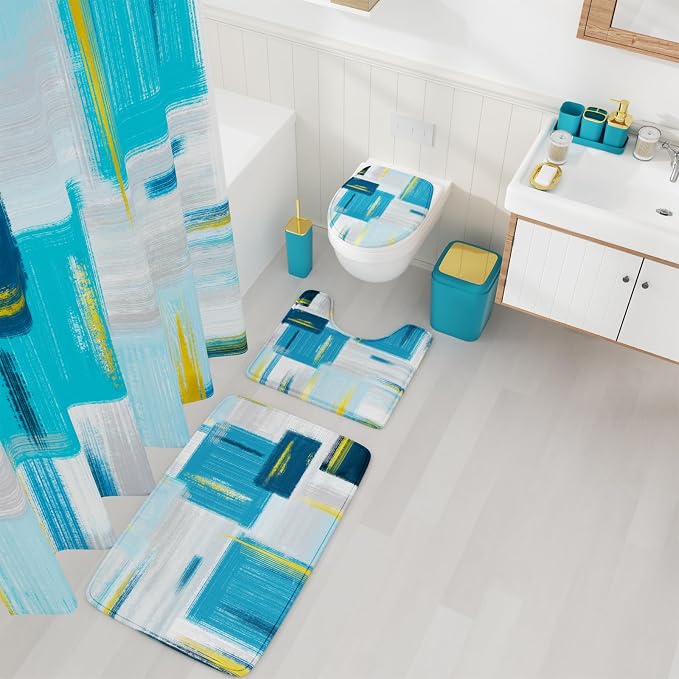 XLHOMO Bathroom Accessories Set - 25PC Bathroom Set with Shower Curtain and Rugs, Teal Blue Bathroom Set, Bathroom Accessory Set with Press-on Lid Trash Can, Soap Dispenser and Qtip Holders