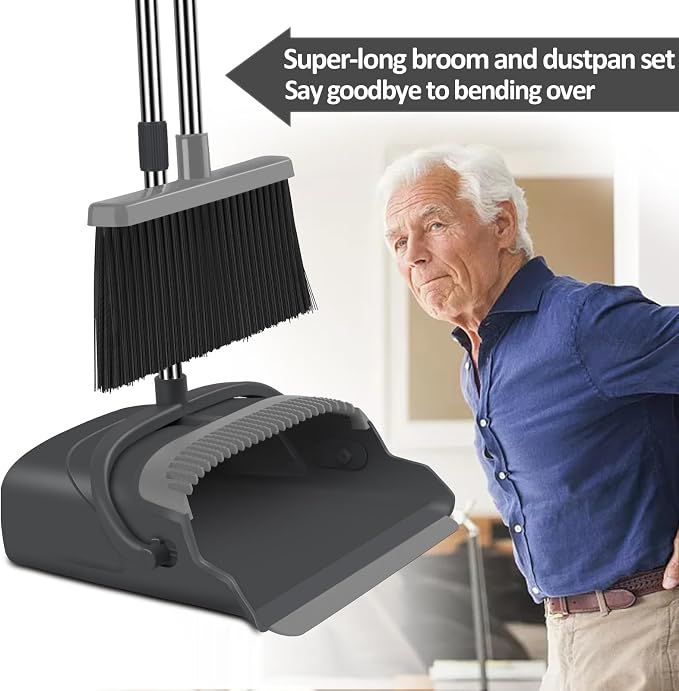 Broom and Dustpan Set for Home, Office, Indoor&Outdoor Sweeping, Stand Up Broom and Dustpan (Black&Gray)