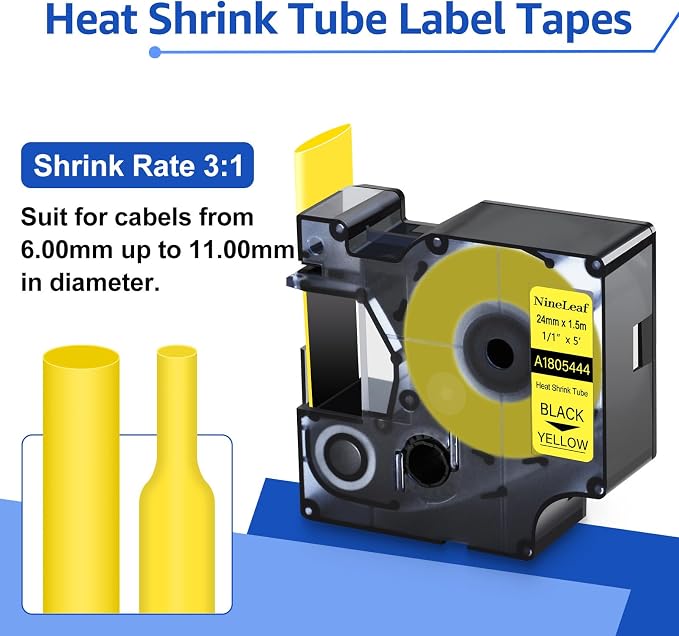 NineLeaf 3 Pack Compatible Labels Tape Replacement for Dymo 1805444 1 inch Black on Yellow Heat Shrink Tube Labels 24mm x 1.5m for Wires and Cables Use in Rhino 6000 6500 Label Maker
