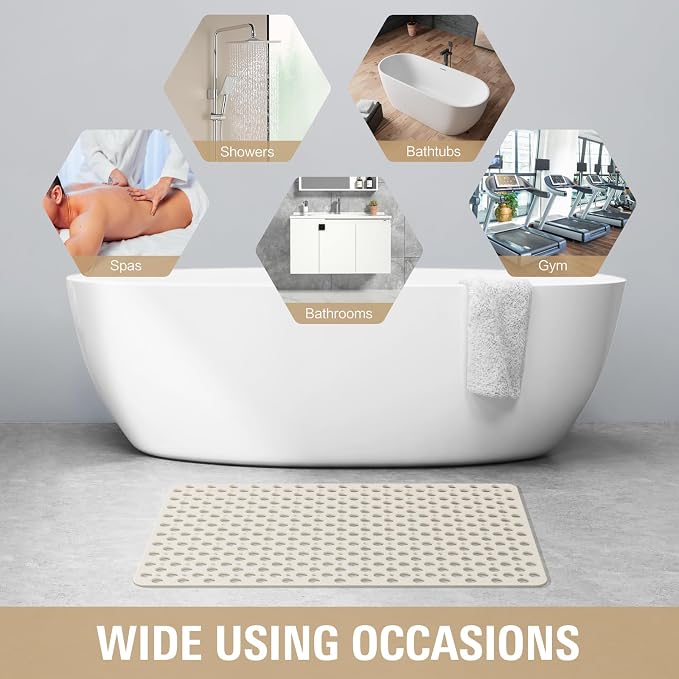 OTHWAY Large Shower Mat, 35"x 24" TPE Anti Slip Shower Mat, Heavy Bath Mats for Shower with Drain Holes Suction Cups, Shower Stall Mat for Bathroom, No Odor Shower Grip Mat for Elderly (W-White)