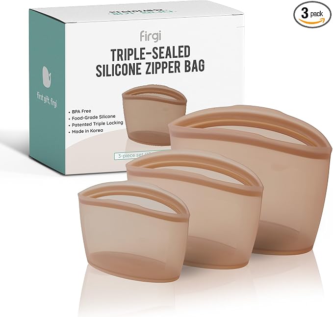 Reusable Silicone Food Storage Bags, 3-Pack Variety Set (2, 3.5, 6 Cups), Made in Korea BPA-Free Silicone, Triple-Airtight Freezer Bags, Microwave Safe, Sous Vide, Zip Lock Pouch, Brown