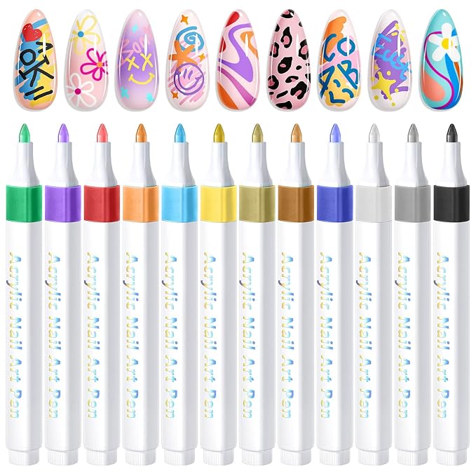 SAVILAND Nail Art Pens Set: 12 Summer Colors Nail Polish Pens for Nail Art, 10s Quick-Dry Waterproof Nail Art Pens with Fine Tips for Painting Nails, DIY Home Salon Manicure Beginners