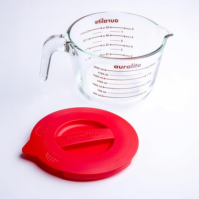 Auralite 8-Cup Borosilicate Glass Measuring Cup with Lid, 2 Quart, 2 Litre Large Glass Measuring Cup - Kitchen Mixing Bowl Liquid Measure Cups Glass Bakeware Set, Punch Bowl, Batter Bowl, 2Qt, 2L