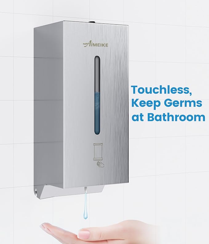 Commercial Automatic Wall-Mount Soap Dispenser, Stainless Steel | Touchless 800 mL commercial dispenser with stainless steel exterior, vertical window, keyed lock and 6 AA battery power.