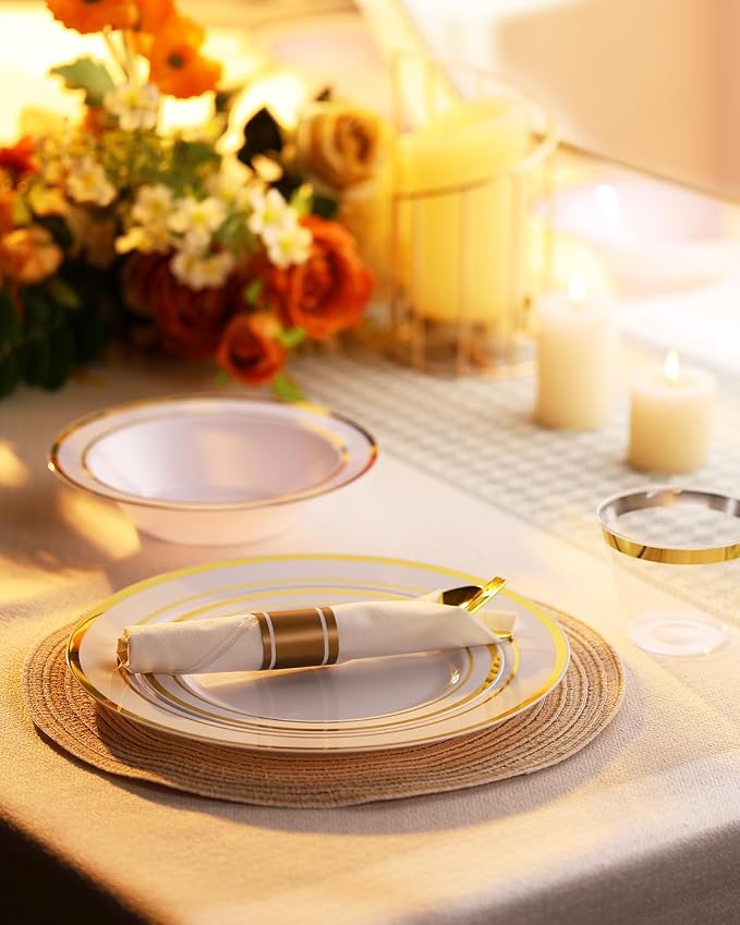 BESTVIP 400PCS Gold Plastic Dinnerware Set, Disposable Party Supplies for 50 Guests - Include 100 Plates, 50 Leak-Proof Soup Bowls, 50 Pre Rolled Napkins with Gold Silverware, 50 Cups