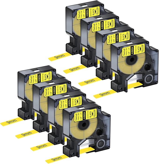 NineLeaf 8 Pack Compatible Labels Tape Replacement for Dymo 18054 3/8 inch Black on Yellow Heat Shrink Tube Labels 9mm x 1.5m for Wires and Cables Use in Rhino 4200 5200 5000 6000 3M Label Maker