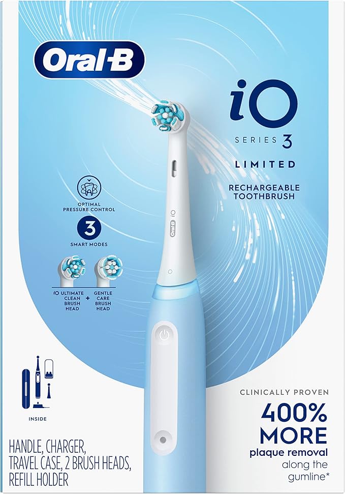 Oral-B Rechargeable Electric Toothbrush, iO3 Limited Deep Clean, 3 Cleaning Modes, Visual Pressure Sensor to Protect Gums, 2 Brush Heads, Travel Case, ICY Blue (Pack of 3)