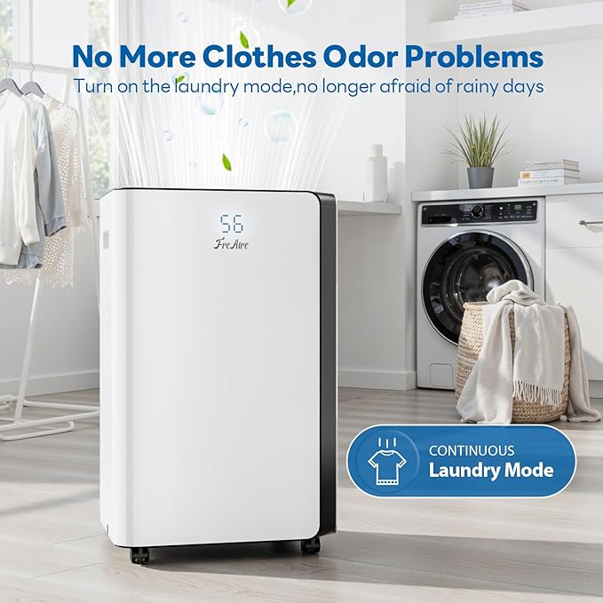 FreAire 54Pint 4500Sq.Ft Dehumidifier for Basement with Drain Hose, 30dB Quiet Compressor Dehumidifiers for Home, Front LED Digital Humidity Display for Bedroom, Bathroom, 1.13 Gallon Water Tank