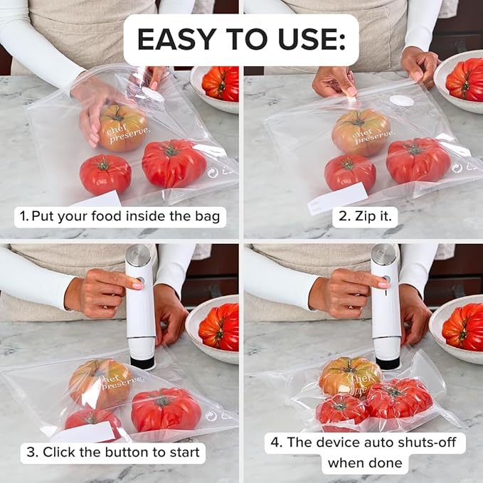 Chef Preserve Compact Vacuum Sealer for Food (Vacuum Sealer Machine + 3 Glass Vacuum Containers + 30 Reusable Vacuum Bags) Powerful Handheld Vacuum Seal Machine, Seal Meal Saver, Portable Food Sealer