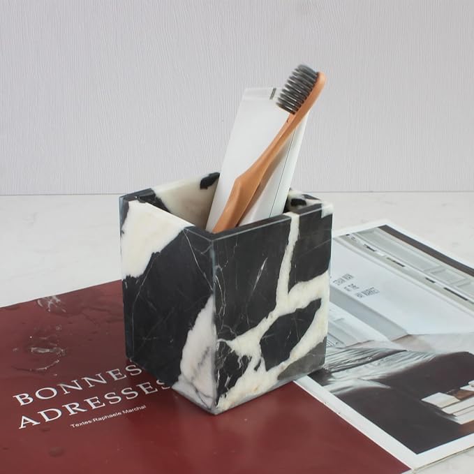 Natural Calacatta Viola Black Marble Square Storage Container for Toothbrush/Makeup Brush/Pens, Countertop Organizer Bathroom