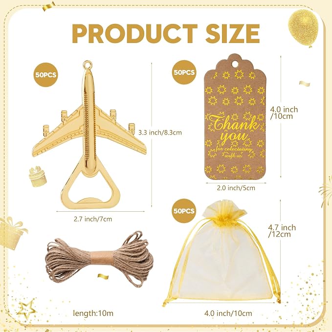 50 Pack Airplane Bottle Opener Favors, Metal Airplane Bottle Openers with Thank You Tags & Organza Bags, Travel Themed Party Favors, Destination Wedding Favors, Let the Adventure Begin Theme
