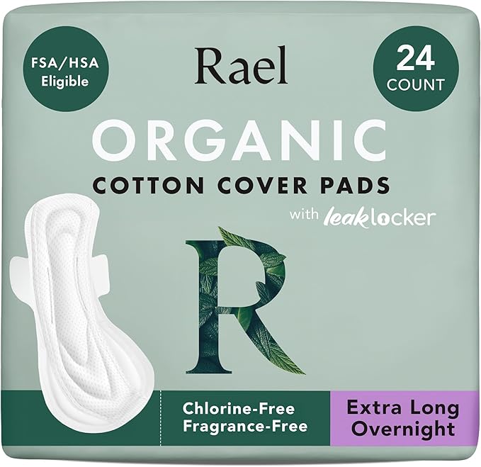 Rael Pads for Women, Organic Cotton Cover - Period Pads with Wings, Feminine Care, Sanitary Napkins, Ultimate Absorbency, Postpartum, Unscented, Ultra Thin (Extra Long Overnight, 24 Count)