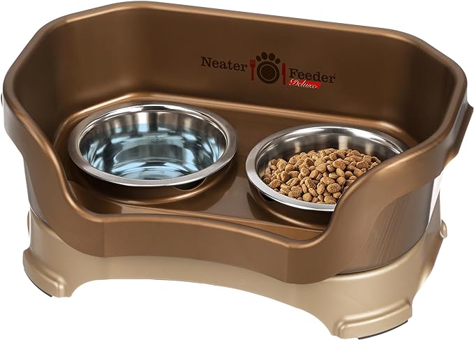 Neater Pet Brands Neater Feeder Deluxe Mess Proof Cat Bowls Elevated, Made in USA, No Spill Raised Bowls for Indoor Cats, Stainless Steel Food and Water Bowl Set, Pet Dish Feeding Station, Bronze