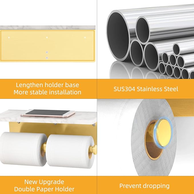 Gypie Brushed Gold Toilet Paper Holder with Marble Shelf, Double Rolls | Toilet Paper Holder with Storage, Toilet Paper Wall Mount for Bathroom Washroom
