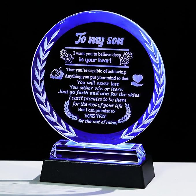 Arikyrist Fathers Day Son Gifts from Mom Dad Crystal Plaque to My Son with LED Light Base Unique Birthday Graduation Gifts for Son Adult