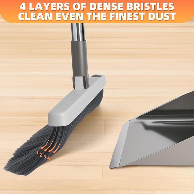 Broom with Dustpan Combo Set, Heavy Duty Standing Metal Dust Pan with Teeth, Indoor Outdoor Up for Home Kitchen Lobby Room Office, Grey