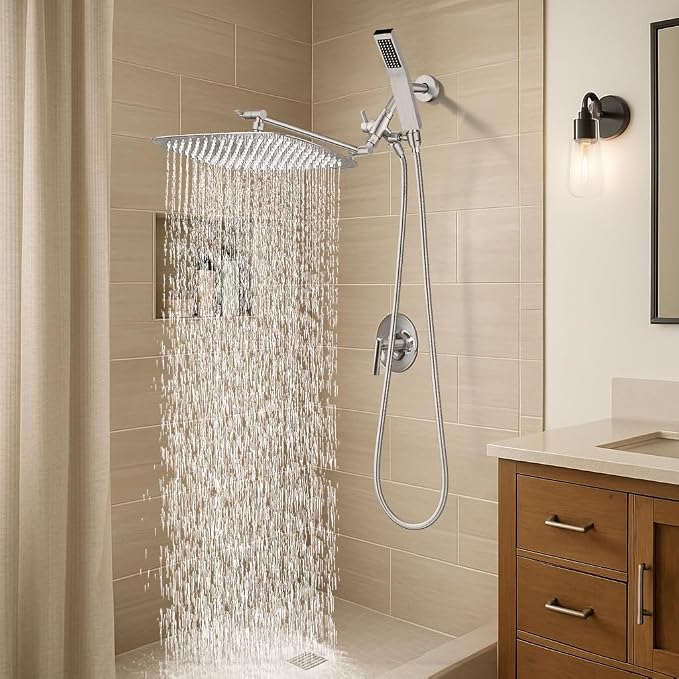 G-Promise All Metal 16 Inch Dual Square Shower Head with Handheld Spray Combo, Rain Shower Head, Adjustable Extension Arm, 3-Way Diverter, 71 Inch Extra Long Hose - A Bathroom Upgrade(Brushed Nickel)