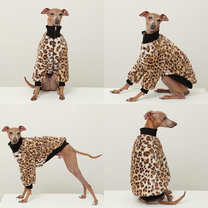 D DOGGYSTAR Italian Greyhound Winter Faux Fur Zip Up Coat Warm Plush Jacket for Slim Long Leg Dogs (M,Zip-up Leopard)