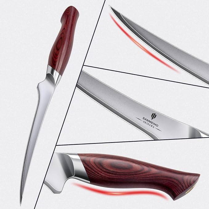 Fillet Knife 7 inch, Razor Sharp Fishing Boning Knife for Meat | Japanese 10Cr15Mov High Carbon Stainless Steel, Professional Kitchen with Flexible Blade and Ergonomic Pakkawood Handle