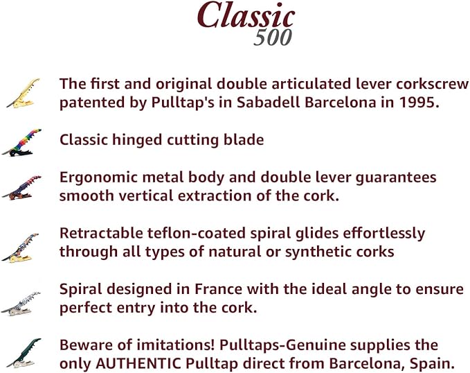 Pulltap's Genuine Classic 500 Waiter's Corkscrew – Double-Hinged Wine Key with Hinged Foil Cutter – Patented Design – Made in Spain – Gold (Oro – 24K Full Gold)