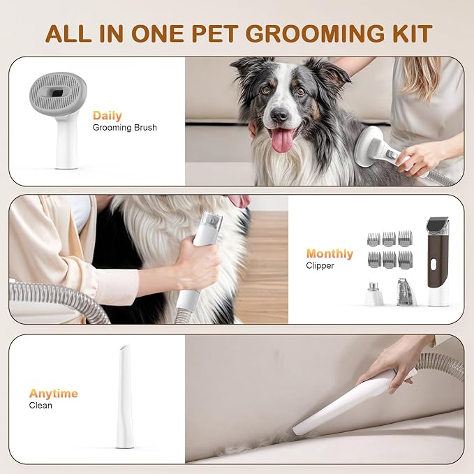 Dog Grooming Vacuum, Dog Grooming Kit with Pet Clipper Nail Grinder, 3 Suction Modes Dog Brush Vacuum with 6 Pet Grooming Tools（Nut Brown）