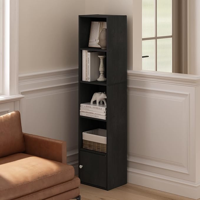 Furinno LUDER Book Shelf, 5-Tier Modern Bookshelf, Bookcase with 1 Door Storage Cabinet, 9.3 x 12 x 52, for Organization and Storage, for Living Room, Bedroom, Home Office, Blackwood